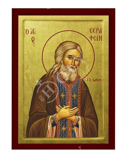 Saint Seraphim icon, Handmade Greek Orthodox icon St Seraphim of Sarov, Byzantine art wall hanging on wood plaque icon, religious decor - TheHolyArt
