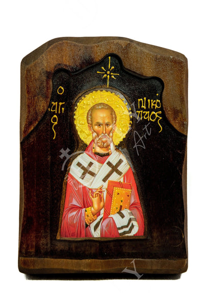 Saint Nicholas icon, Handmade Silver Greek Orthodox icon of St Nick, Byzantine art wall hanging icon on wood plaque, religious decor - TheHolyArt