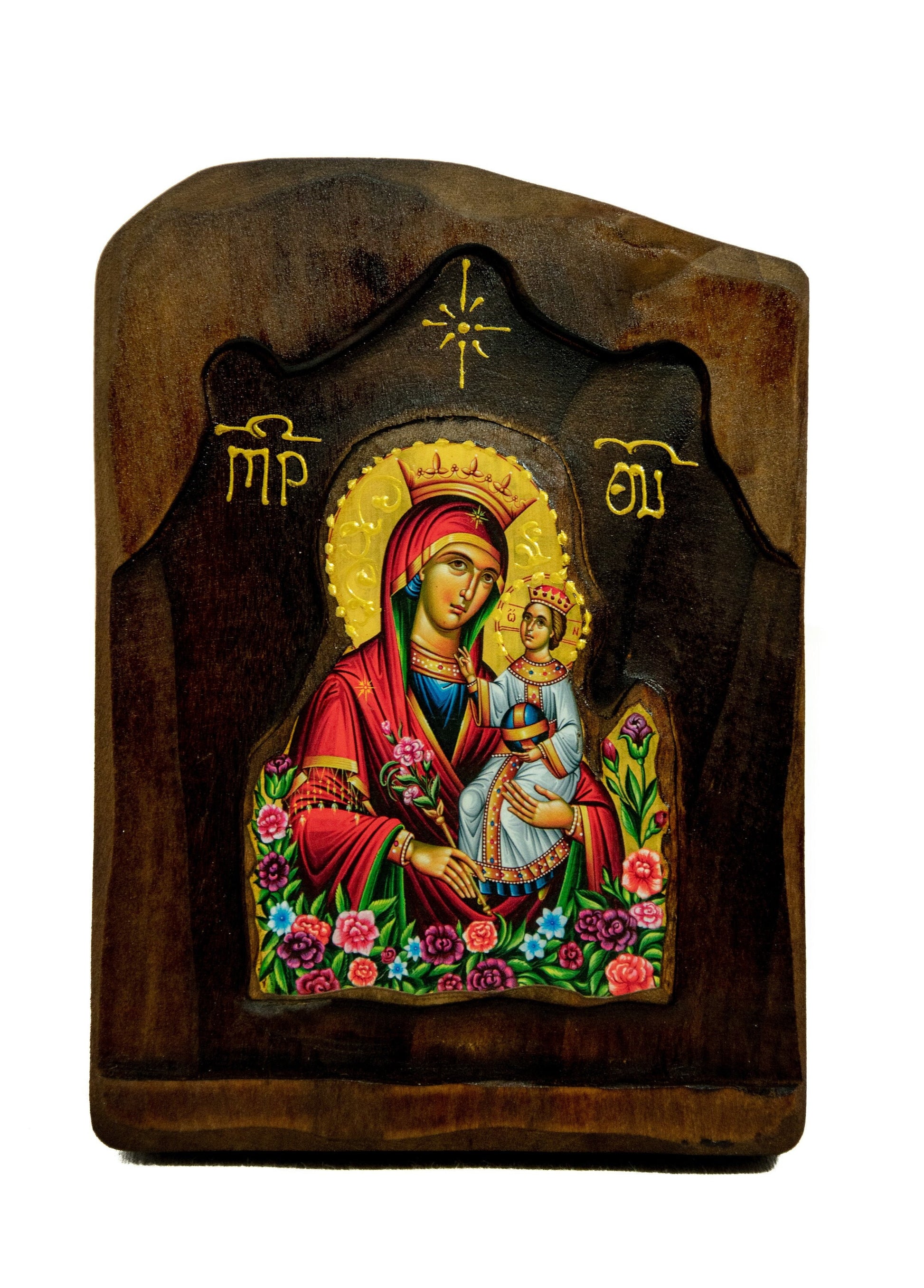 Virgin Mary icon Panagia Rose Amaranth, Handmade Greek Orthodox Icon, Mother of God Byzantine art, Theotokos wall hanging wood plaque TheHolyArt