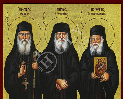 St Paisios of Mount Athos St Porphyrios & St Iakovos Tsalikis icon, Handmade Greek Orthodox icon, Byzantine art wall hanging wood plaque - TheHolyArt
