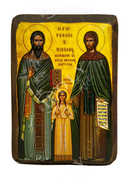 Saint Raphael Saint Nicholas Saint Irene icon Lesvos, Byzantine art wall hanging, Handmade Greek Orthodox icon wood plaque, religious gift - TheHolyArt
