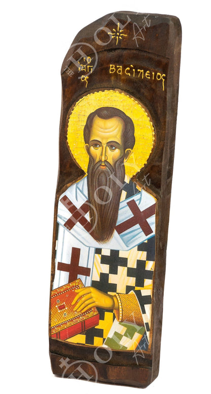 Saint Basil icon, Handmade Greek Orthodox icon of Basil the Great, Byzantine art wall hanging of St Basil of Caesarea on wood plaque - TheHolyArt