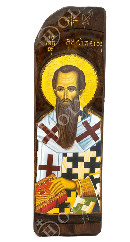 Saint Basil icon, Handmade Greek Orthodox icon of Basil the Great, Byzantine art wall hanging of St Basil of Caesarea on wood plaque - TheHolyArt