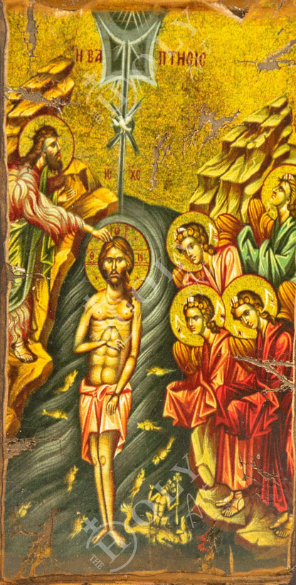 The Baptism of Jesus Christ icon, Jesus Christ Baptized handmade Greek Orthodox Icon, Byzantine art wall hanging wood plaque canvas 38x18cm - TheHolyArt