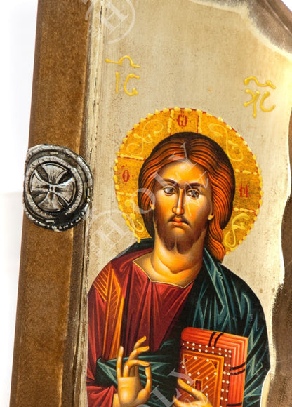 Jesus Christ icon, Handmade Greek Orthodox icon, Byzantine art wall hanging of our Lord on wood plaque, religious decor 29x14cm, home decor - TheHolyArt