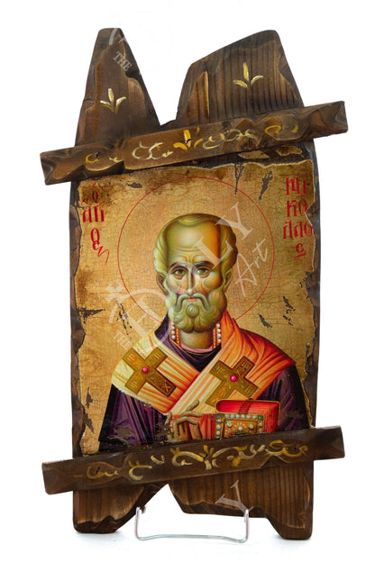 Saint Nicholas icon, Handmade Greek Orthodox icon of St Nick, Byzantine art wall hanging icon on wood plaque canvas 52x31cm, religious gift - TheHolyArt