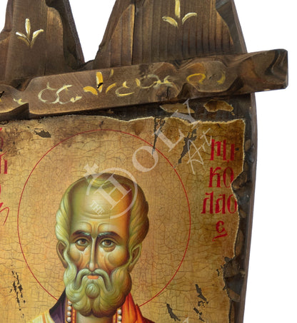 Saint Nicholas icon, Handmade Greek Orthodox icon of St Nick, Byzantine art wall hanging icon on wood plaque canvas 52x31cm, religious gift - TheHolyArt