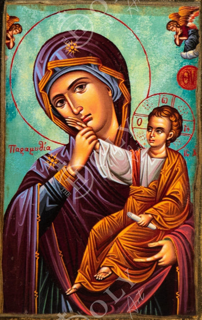 Virgin Mary icon Panagia Paramythia, Handmade Greek Orthodox icon gold leaf Mother of God, Theotokos Byzantine art wall hanging - TheHolyArt