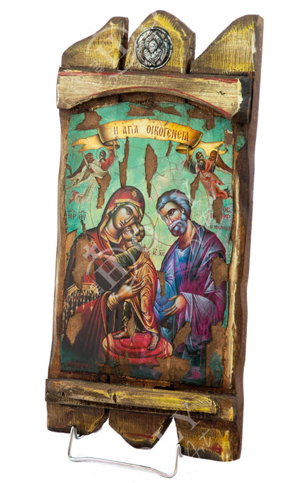The Holy Family icon, Handmade Greek Orthodox icon, Byzantine art wall hanging icon on canvas aged wood plaque 45x21cm, wedding gift - TheHolyArt