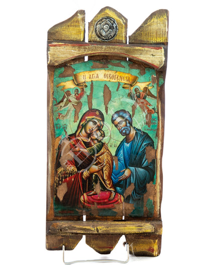 The Holy Family icon, Handmade Greek Orthodox icon, Byzantine art wall hanging icon on canvas aged wood plaque 45x21cm, wedding gift - TheHolyArt