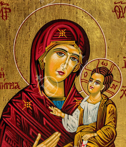 Hand painted Virgin Mary icon Panagia Odigitria, Handmade Greek Orthodox icon w/ gold leaf 22k of Theotokos, Byzantine art wall hanging - TheHolyArt