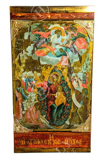 Virgin Mary icon Burning Bush Panagia, Handmade Greek Orthodox icon Theotokos, Mother of God Byzantine wall hanging canvas gold leaf 51x28cm - TheHolyArt
