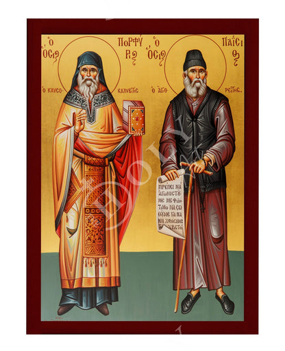 St Paisios of Mount Athos & St Porphyrios icon, Handmade Greek Orthodox icon, Byzantine art wall hanging wood plaque, religious decor - TheHolyArt