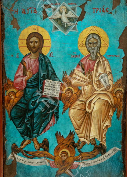 The Holy Trinity icon, Handmade Greek Orthodox icon, Byzantine art wall hanging on canvas wood plaque 36x15cm, wedding gift religious decor - TheHolyArt