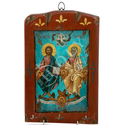The Holy Trinity icon, Handmade Greek Orthodox icon, Byzantine art wall hanging on canvas wood plaque 36x15cm, wedding gift religious decor - TheHolyArt