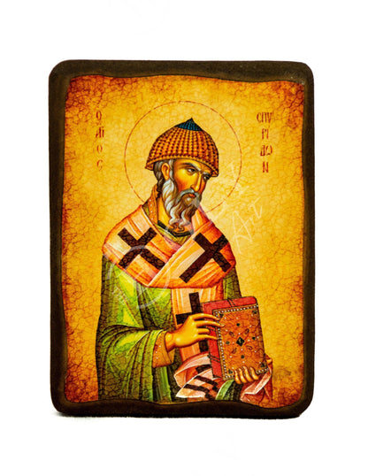 Saint Spyridon icon, Handmade Greek Orthodox icon of St Spyridon, Byzantine art wall hanging icon on wood plaque, religious decor - TheHolyArt