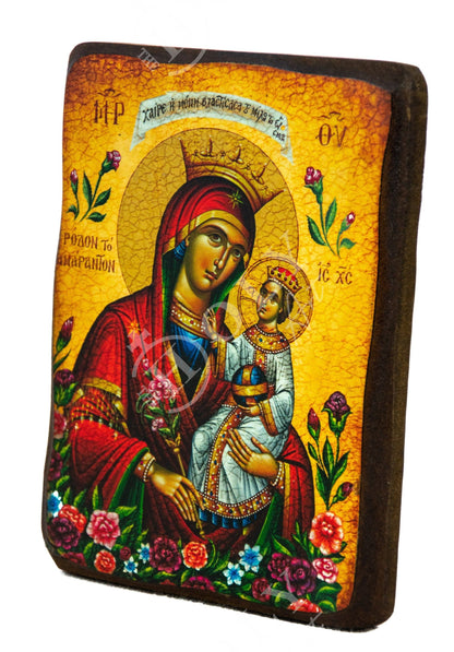 Virgin Mary icon Panagia Rose Amaranth, Handmade Greek Orthodox Icon, Mother of God Byzantine art, Theotokos wall hanging wood plaque - TheHolyArt