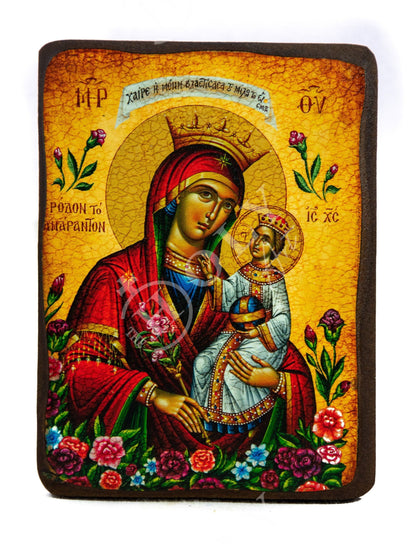 Virgin Mary icon Panagia Rose Amaranth, Handmade Greek Orthodox Icon, Mother of God Byzantine art, Theotokos wall hanging wood plaque - TheHolyArt