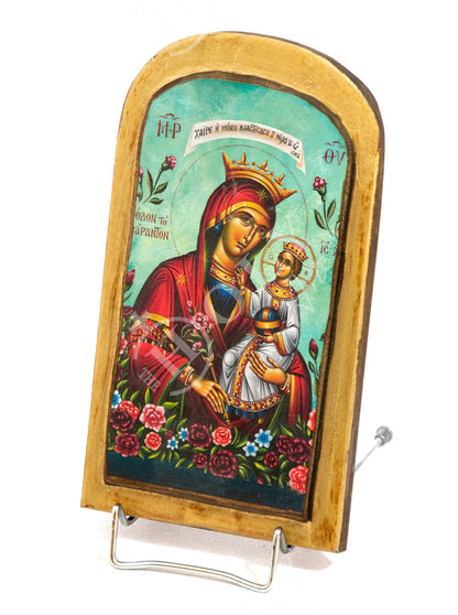 Virgin Mary icon Panagia Rose Amaranth, Handmade Greek Orthodox Icon Byzantine wood plaque - TheHolyArt