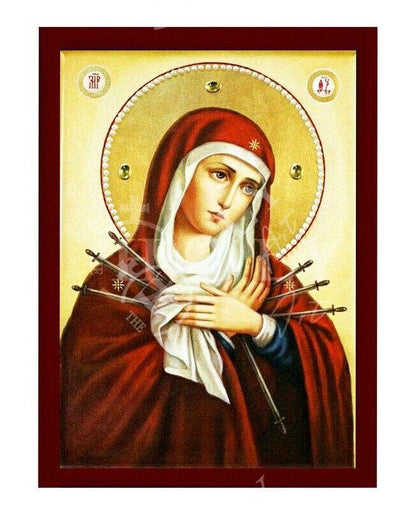 Our Lady of Sorrows icon, Virgin Mary icon Seven 7 swords, Handmade Greek Orthodox Icon, Mother of God Byzantine art wall hanging plaque - TheHolyArt