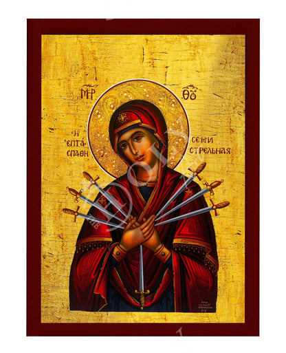 Our Lady of Sorrows icon, Virgin Mary icon Seven 7 swords, Handmade Greek Orthodox Icon, Mother of God Byzantine art wall hanging plaque - TheHolyArt