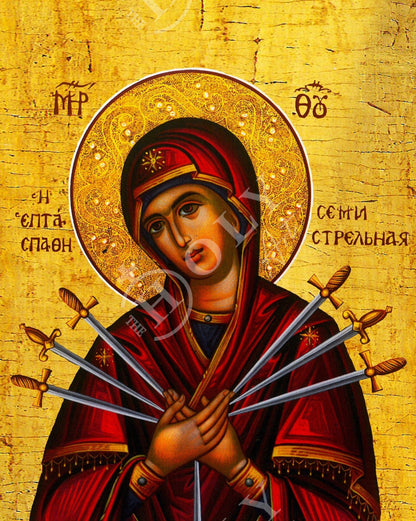 Our Lady of Sorrows icon, Virgin Mary icon Seven 7 swords, Handmade Greek Orthodox Icon, Mother of God Byzantine art wall hanging plaque - TheHolyArt