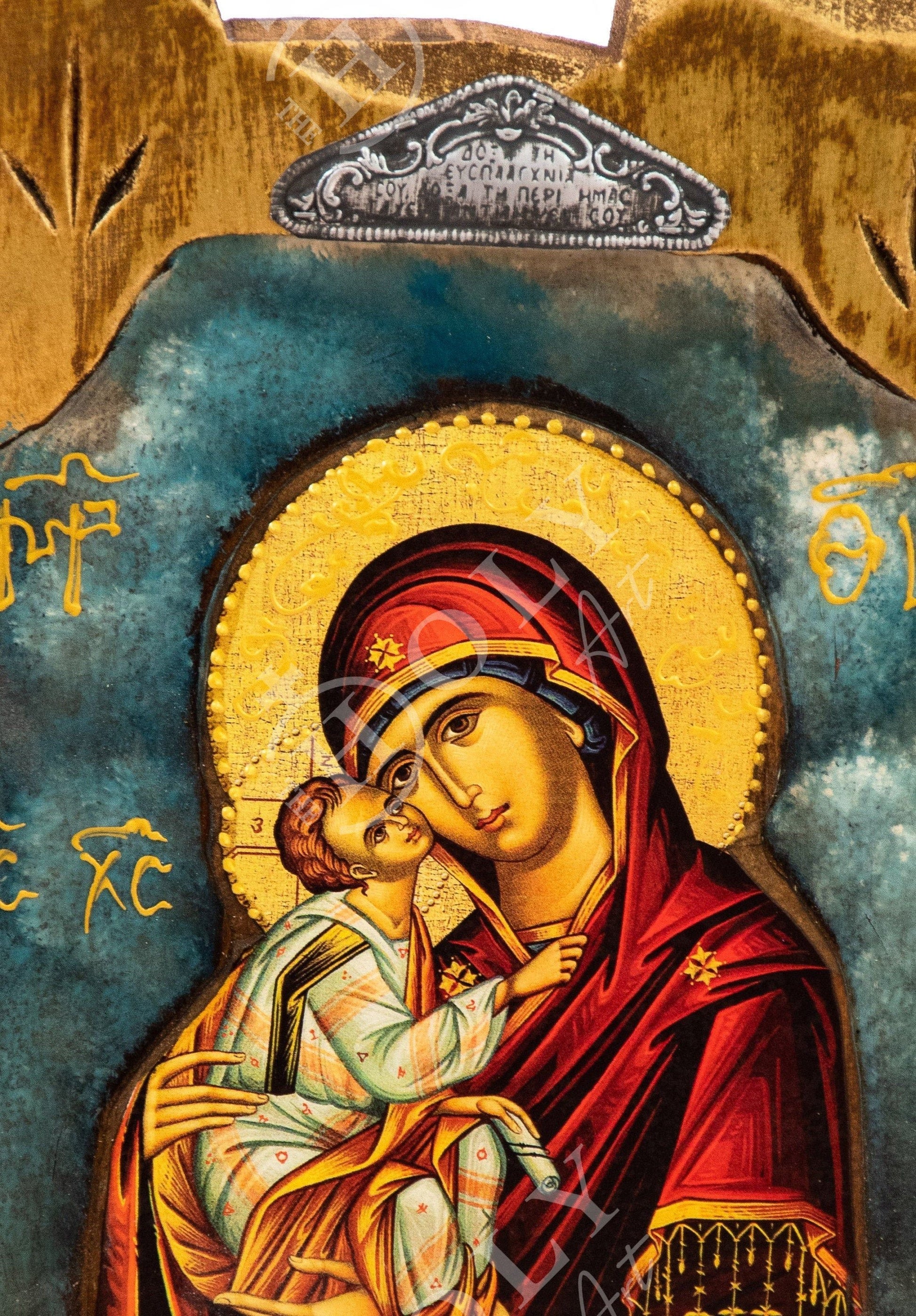 Virgin Mary icon Panagia, Handmade Greek Orthodox icon of Theotokos, Byzantine art wall hanging wood plaque icon 30x20cm, religious decor TheHolyArt