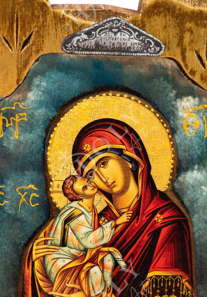 Virgin Mary icon Panagia, Handmade Greek Orthodox icon of Theotokos, Byzantine art wall hanging wood plaque icon 30x20cm, religious decor - TheHolyArt