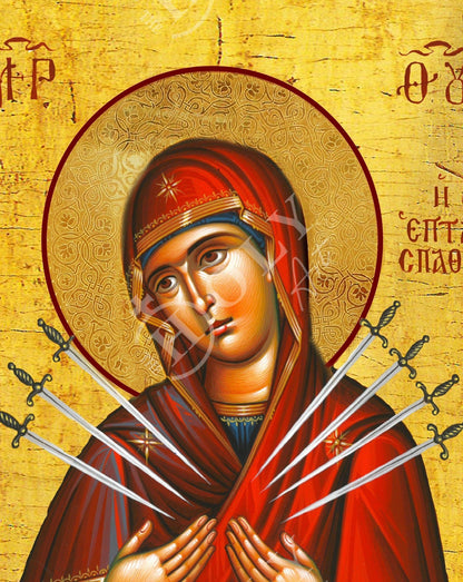 Our Lady of Sorrows icon, Virgin Mary icon Seven 7 swords, Handmade Greek Orthodox Icon, Mother of God Byzantine art wall hanging plaque - TheHolyArt