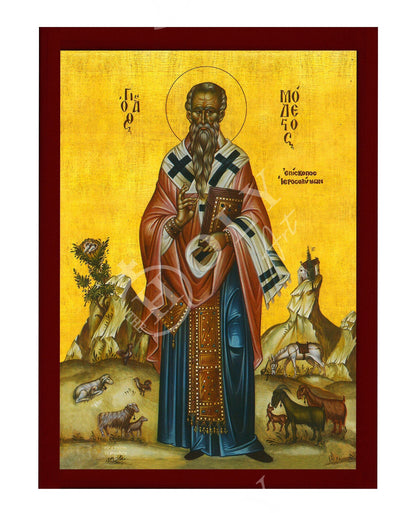 Saint Modestus icon, Handmade Greek Orthodox icon St Modestus of Jerusalem, Byzantine art wall hanging on wood plaque icon, religious decor - TheHolyArt