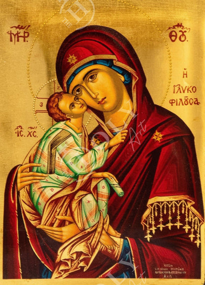 Virgin Mary icon Panagia Glykophilousa, handmade Greek Orthodox icon Mother of God, Byzantine art wall hanging w gold leaf, wedding gift - TheHolyArt