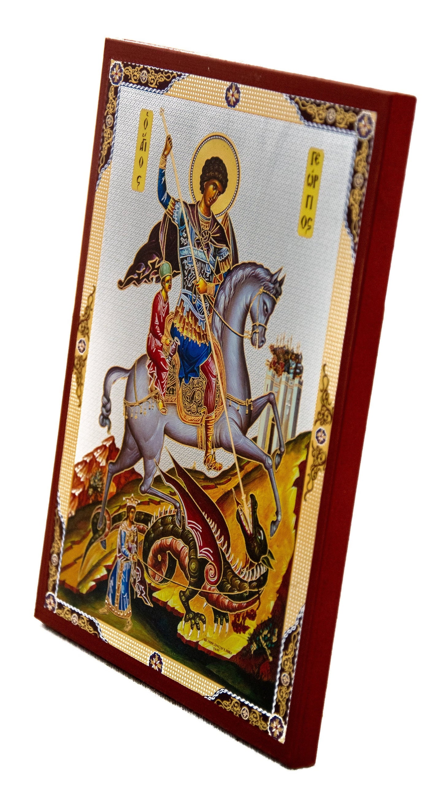 Saint George icon, Handmade Greek Orthodox icon of St George, Byzantine art wall hanging icon wood plaque, religious decor 22x16cm TheHolyArt