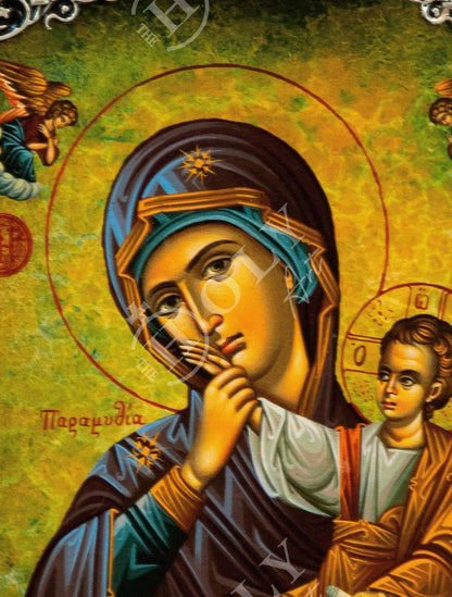 Virgin Mary icon Panagia Paramythia, Handmade Greek Christian Orthodox Icon, Mother of God Byzantine art wall hanging, Theotokos wood plaque - TheHolyArt