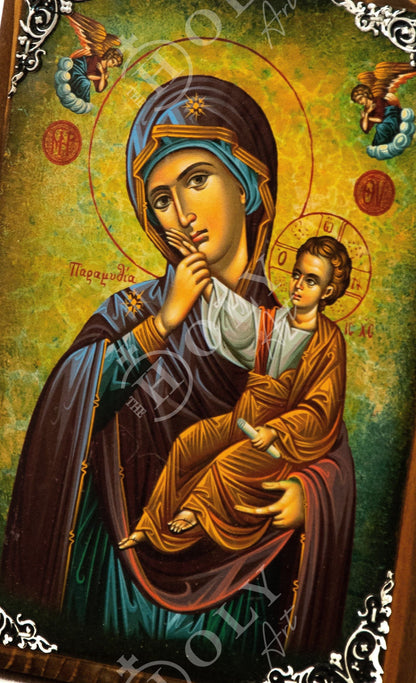 Virgin Mary icon Panagia Paramythia, Handmade Greek Christian Orthodox Icon, Mother of God Byzantine art wall hanging, Theotokos wood plaque - TheHolyArt