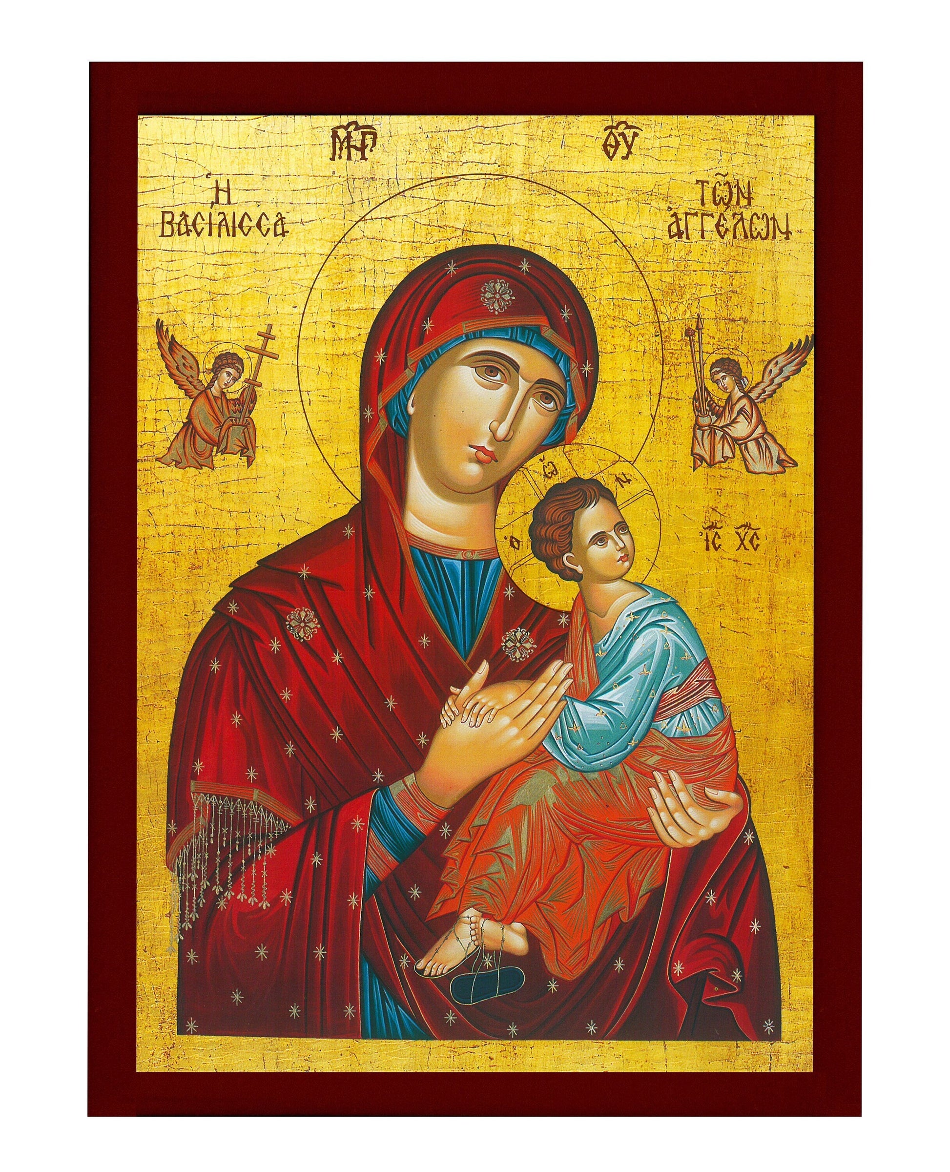 Virgin Mary icon Panagia, Handmade Greek Orthodox Icon Queen of Angels, Mother of God Byzantine art, Theotokos wall hanging wood plaque TheHolyArt