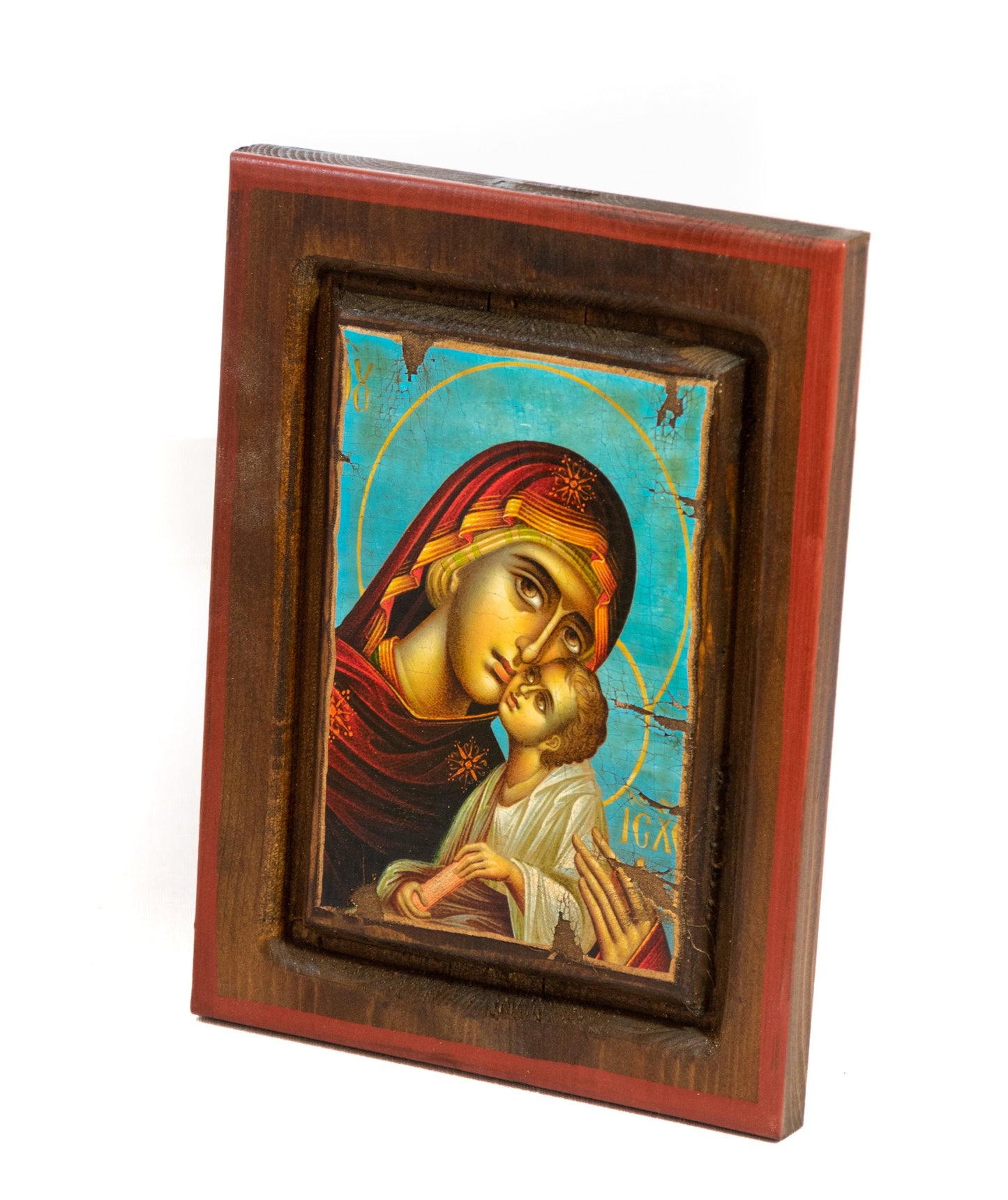 Virgin Mary icon Panagia, Handmade Greek Orthodox Icon of Mother of God, Theotokos Byzantine art wall hanging wood plaque on canvas 49x29cm TheHolyArt