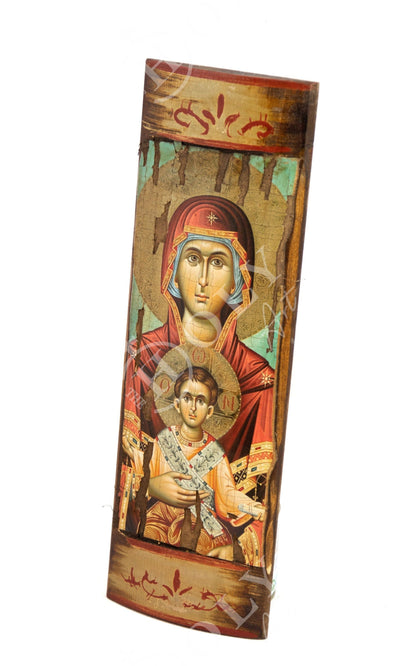 Virgin Mary icon Panagia, Handmade Greek Orthodox Icon of Mother of God, Theotokos Byzantine art wall hanging wood plaque on canvas 40x14cm - TheHolyArt