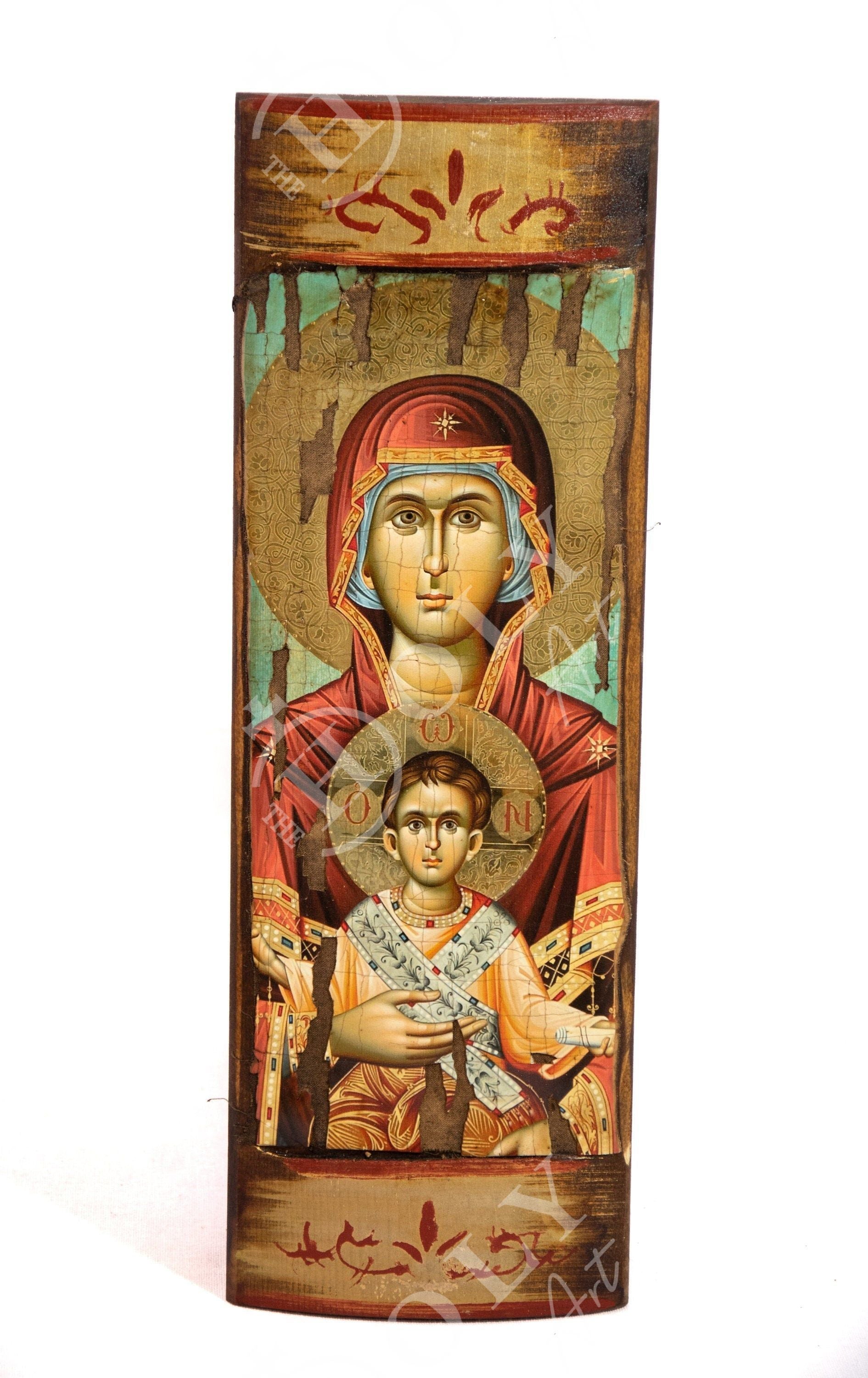 Virgin Mary icon Panagia, Handmade Greek Orthodox Icon of Mother of God, Theotokos cheapest Byzantine art wall hanging wood plaque on canvas 40x14cm