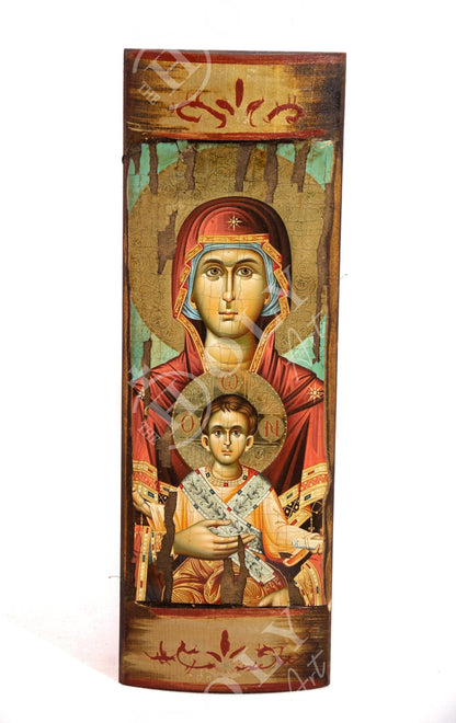 Virgin Mary icon Panagia, Handmade Greek Orthodox Icon of Mother of God, Theotokos Byzantine art wall hanging wood plaque on canvas 40x14cm - TheHolyArt