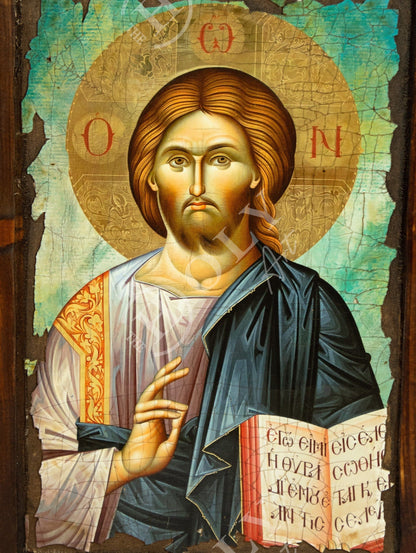 Jesus Christ icon Pantocrator, Handmade Greek Orthodox icon, Byzantine art wall hanging canvas wood plaque 40x29cm, wedding gift - TheHolyArt