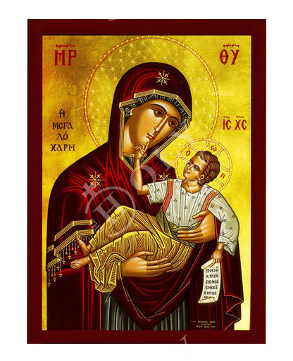 Virgin Mary icon Panagia of Tinos, Handmade Greek Orthodox Icon, Mother of God Byzantine art, Theotokos Megalochari wall hanging wood plaque - TheHolyArt