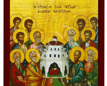 Synaxis of the Apostles icon, Handmade Greek Orthodox Icon of the Gathering of the 12 Apostles, Byzantine art wall hanging wood plaque - TheHolyArt
