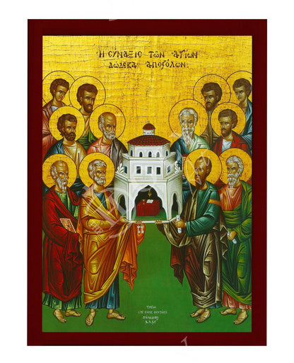 Synaxis of the Apostles icon, Handmade Greek Orthodox Icon of the Gathering of the 12 Apostles, Byzantine art wall hanging wood plaque - TheHolyArt