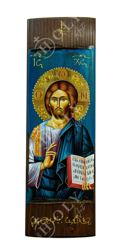 Jesus Christ icon, Handmade Greek Orthodox Icon of Our Lord Blessing, Byzantine art wall hanging wood plaque icon, religious decor - TheHolyArt