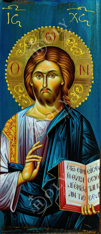 Jesus Christ icon, Handmade Greek Orthodox Icon of Our Lord Blessing, Byzantine art wall hanging wood plaque icon, religious decor - TheHolyArt