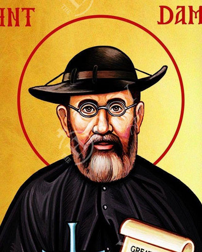 Saint Damien icon, Handmade Greek Catholic icon of St Damien Molokai Leper art wall hanging of the Damien Leper wood plaque, religious decor - TheHolyArt