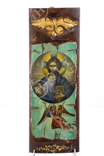 Jesus Christ icon Pantocrator, Handmade Greek Orthodox icon, Byzantine art wall hanging canvas icon wood plaque 40x14cm, wedding gift - TheHolyArt