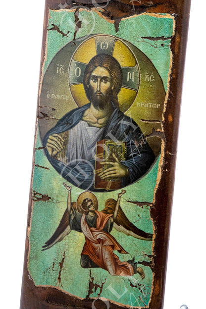Jesus Christ icon Pantocrator, Handmade Greek Orthodox icon, Byzantine art wall hanging canvas icon wood plaque 40x14cm, wedding gift - TheHolyArt