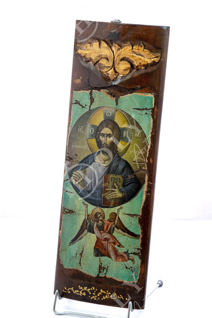 Jesus Christ icon Pantocrator, Handmade Greek Orthodox icon, Byzantine art wall hanging canvas icon wood plaque 40x14cm, wedding gift - TheHolyArt