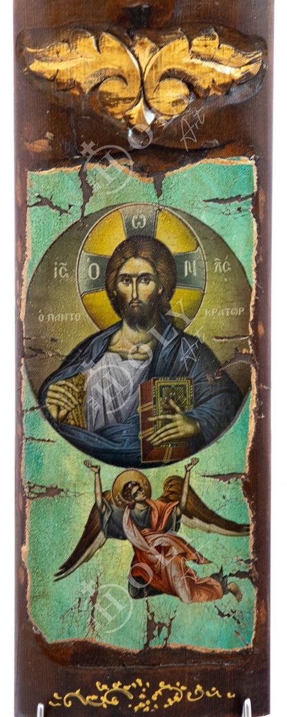 Jesus Christ icon Pantocrator, Handmade Greek Orthodox icon, Byzantine art wall hanging canvas icon wood plaque 40x14cm, wedding gift - TheHolyArt